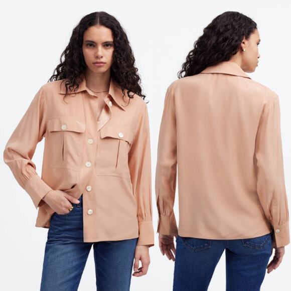 Madewell Women's Silk Utility-Pocket Button-Up Shirt NU463 Pale Blush Size M NWT - Picture 1 of 6